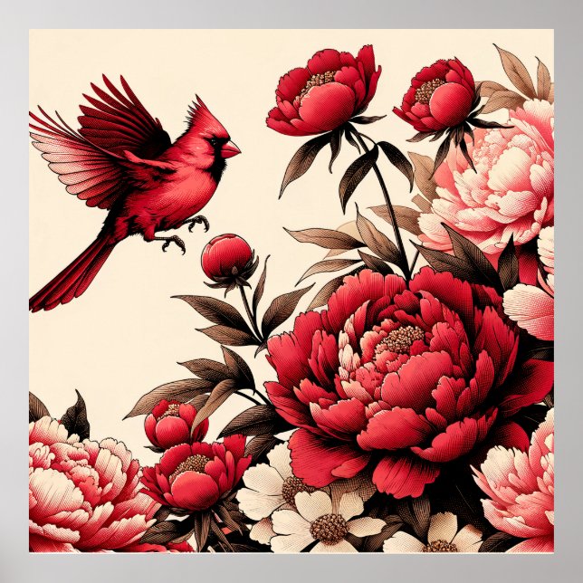 Northern Red Cardinal Bird Peonies Peony Flower    Poster (Front)