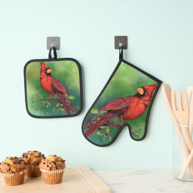 Northern Red Cardinal Oven Mitt & Pot Holder Set (Insitu(Hanging))