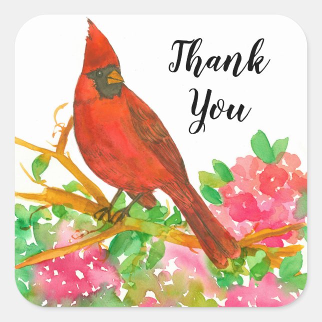 Northern Red Cardinal Thank You Square Sticker (Front)