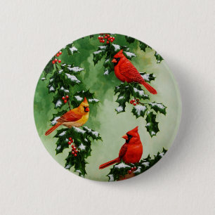 Northern Red Cardinals and Holly 6 Cm Round Badge