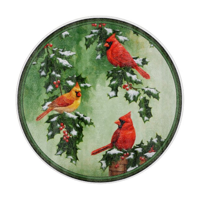 Northern Red Cardinals and Holly Cutting Board (Front)