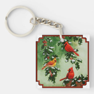 Northern Red Cardinals and Holly Key Ring