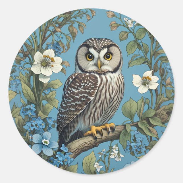 Northern Saw-Whet Owl William Morris Inspired Classic Round Sticker (Front)