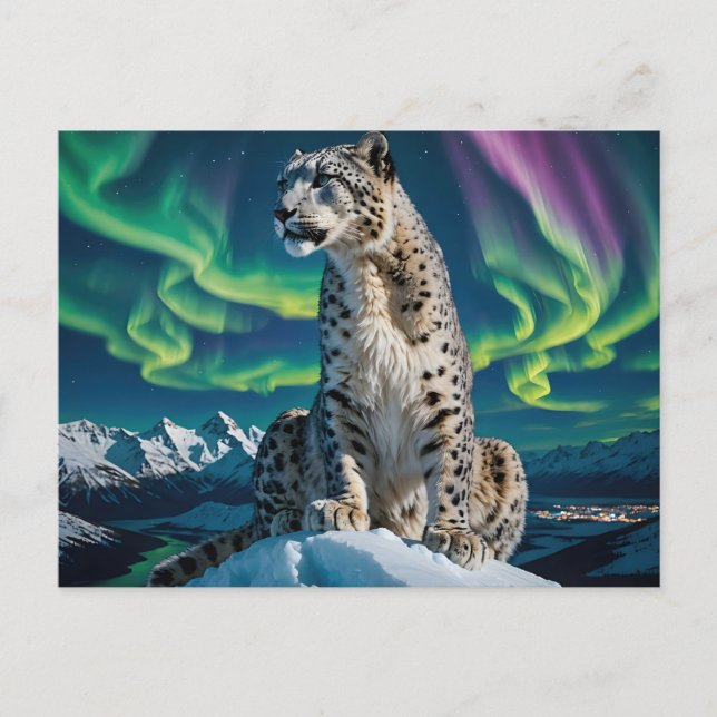 “Northern Sky Wanderer” – Snow Leopard Portrait Holiday Postcard (Front)
