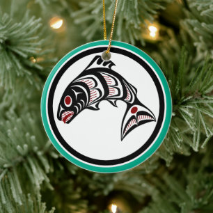 Northwest Pacific coast Haida art Salmon Ceramic Tree Decoration