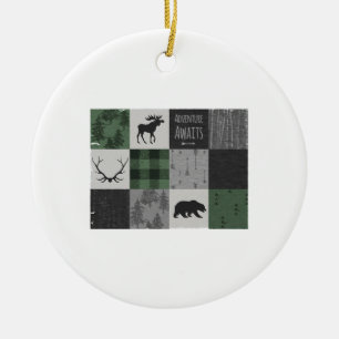 Northwoods Adventure Patchwork - grey and green Ceramic Tree Decoration