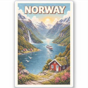 Norway Fjord Illustration Travel Art Vintage