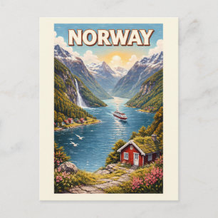 Norway Fjord Illustration Travel Art Vintage Postcard