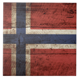 Norway Flag on Old Wood Grain Tile