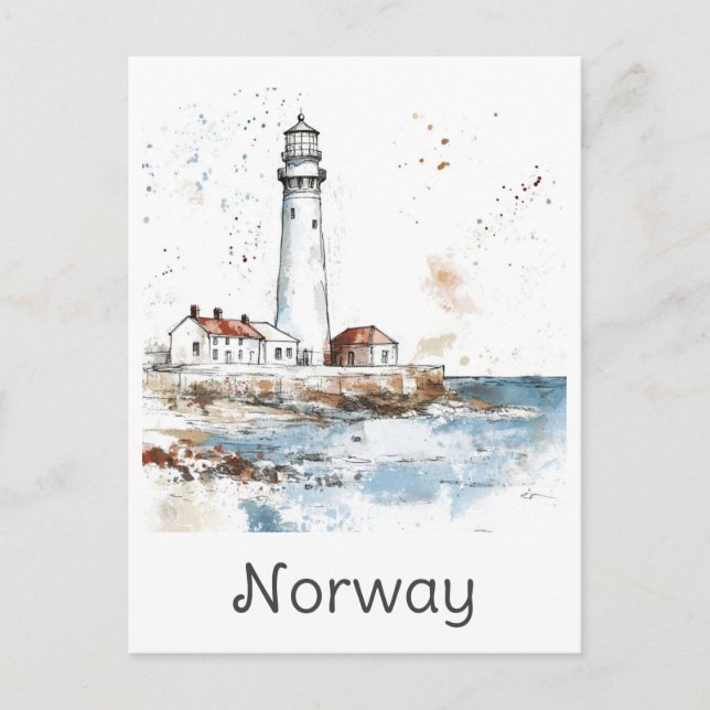 Norway Lighthouse Coast Watercolor Travel Postcard (Front)