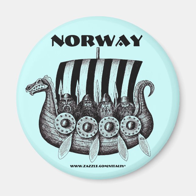 Norway magnet with vikings in drekar pen ink art (Front)