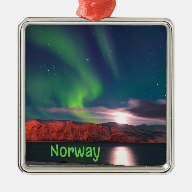 Norway Scandinavian Northern Lights Red Cliffs Metal Tree Decoration (Front)