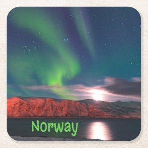 Norway Scandinavian Northern Lights Red Cliffs Square Paper Coaster