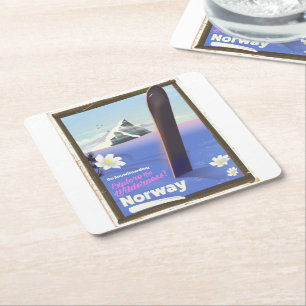 Norway Snowboarding vintage style travel poster Square Paper Coaster