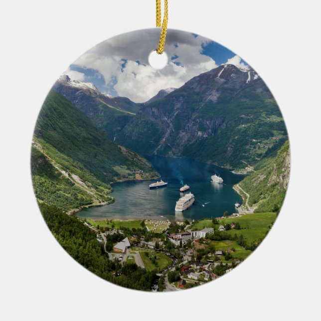 Norway view to Geiranger from Flydalsjuvet Ceramic Tree Decoration (Front)