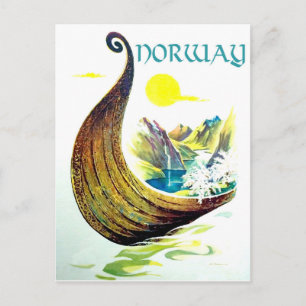 Norway, viking ship in fiords, vintage travel postcard