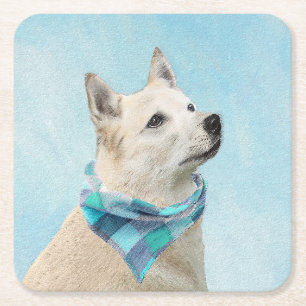 Norwegian Buhund Painting - Cute Original Dog Art Square Paper Coaster