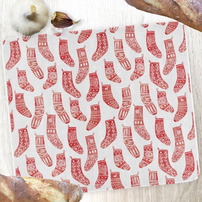 Norwegian Christmas Stockings Pattern Cutting Board (Nordic Stockings red and white Scandinavian festive Christmas pattern cutting board)