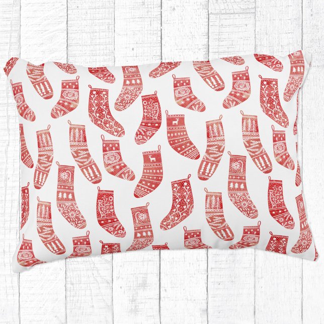 Norwegian Christmas Stockings Pattern Decorative Cushion (Norwegian red and white knitted stockings and socks pattern festive throw pillow)