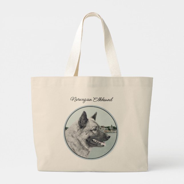 Norwegian Elkhound and Village Painting Dog Art Large Tote Bag (Back)