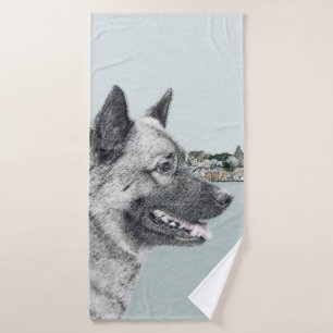 Norwegian Elkhound at Village Painting - Dog Art Bath Towel Set