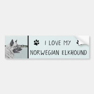 Norwegian Elkhound at Village Painting - Dog Art Bumper Sticker