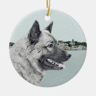 Norwegian Elkhound at Village Painting - Dog Art Ceramic Tree Decoration