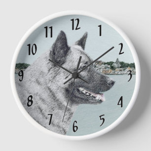 Norwegian Elkhound at Village Painting - Dog Art Clock