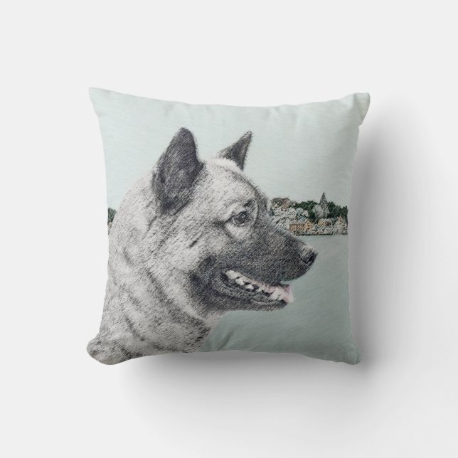 Norwegian Elkhound at Village Painting - Dog Art Cushion (Front)