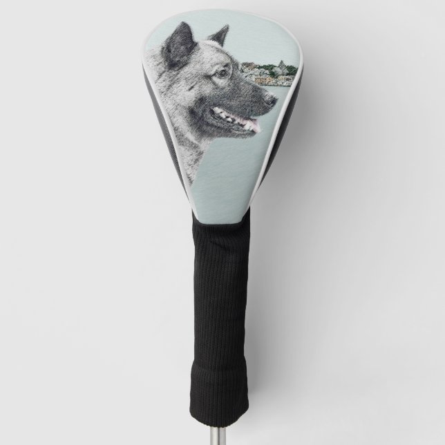 Norwegian Elkhound at Village Painting - Dog Art Golf Head Cover (Front)