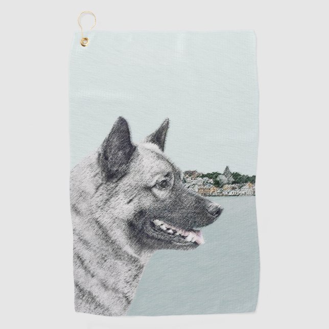 Norwegian Elkhound at Village Painting - Dog Art Golf Towel (Front)