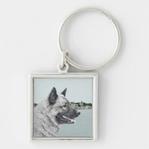 Norwegian Elkhound at Village Painting - Dog Art Key Ring