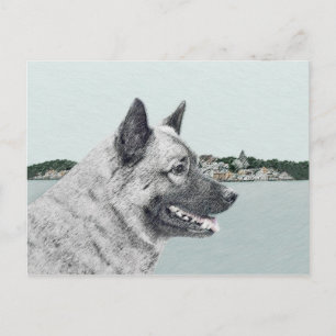 Norwegian Elkhound at Village Painting - Dog Art Postcard