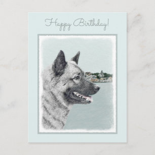 Norwegian Elkhound at Village Painting - Dog Art Postcard