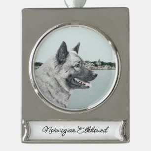 Norwegian Elkhound at Village Painting - Dog Art S Silver Plated Banner Ornament