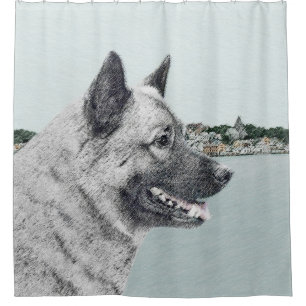 Norwegian Elkhound at Village Painting - Dog Art Shower Curtain