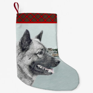 Norwegian Elkhound at Village Painting - Dog Art Small Christmas Stocking