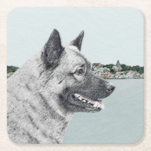 Norwegian Elkhound at Village Painting - Dog Art Square Paper Coaster
