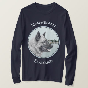 Norwegian Elkhound at Village Painting - Dog Art T-Shirt