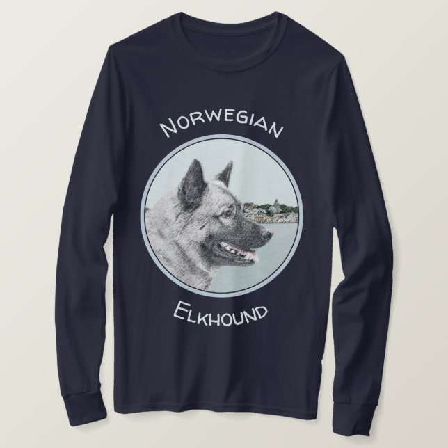 Norwegian Elkhound at Village Painting - Dog Art T-Shirt (Design Front)