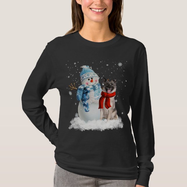Norwegian Elkhound Dog Christmas Snowman Christmas T-Shirt (Front)