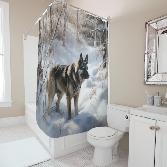 Norwegian Elkhound Let It Snow Christmas Shower Curtain (In Situ)