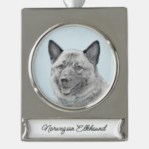 Norwegian Elkhound Painting - Original Dog Art Sil Silver Plated Banner Ornament