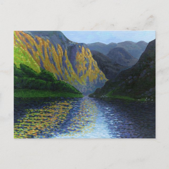 Norwegian fjord approaching sunset postcard (Front)