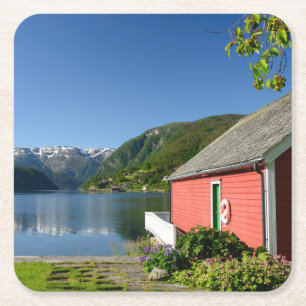 Norwegian fjord view and boathouse coaster