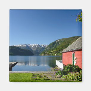 Norwegian fjord view and boathouse magnet