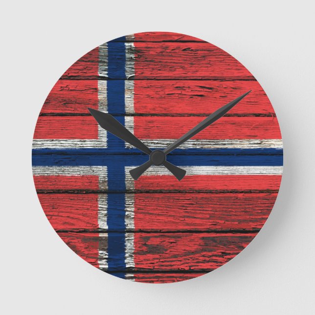 Norwegian Flag with Rough Wood Grain Effect Round Clock (Front)