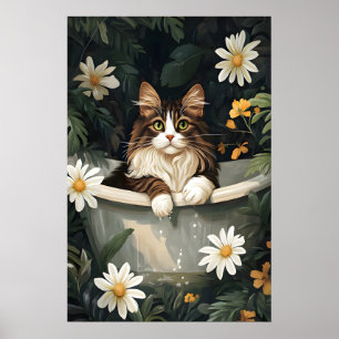 Norwegian Forest Cat In Bathtub Poster, Funny Cat Poster