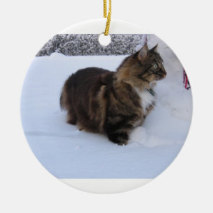 norwegian forest cat in snow ceramic tree decoration