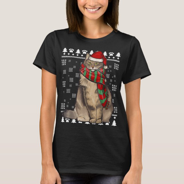 Norwegian Forest Cat Santa Hat Xmas Ugly Christmas T-Shirt (Front)